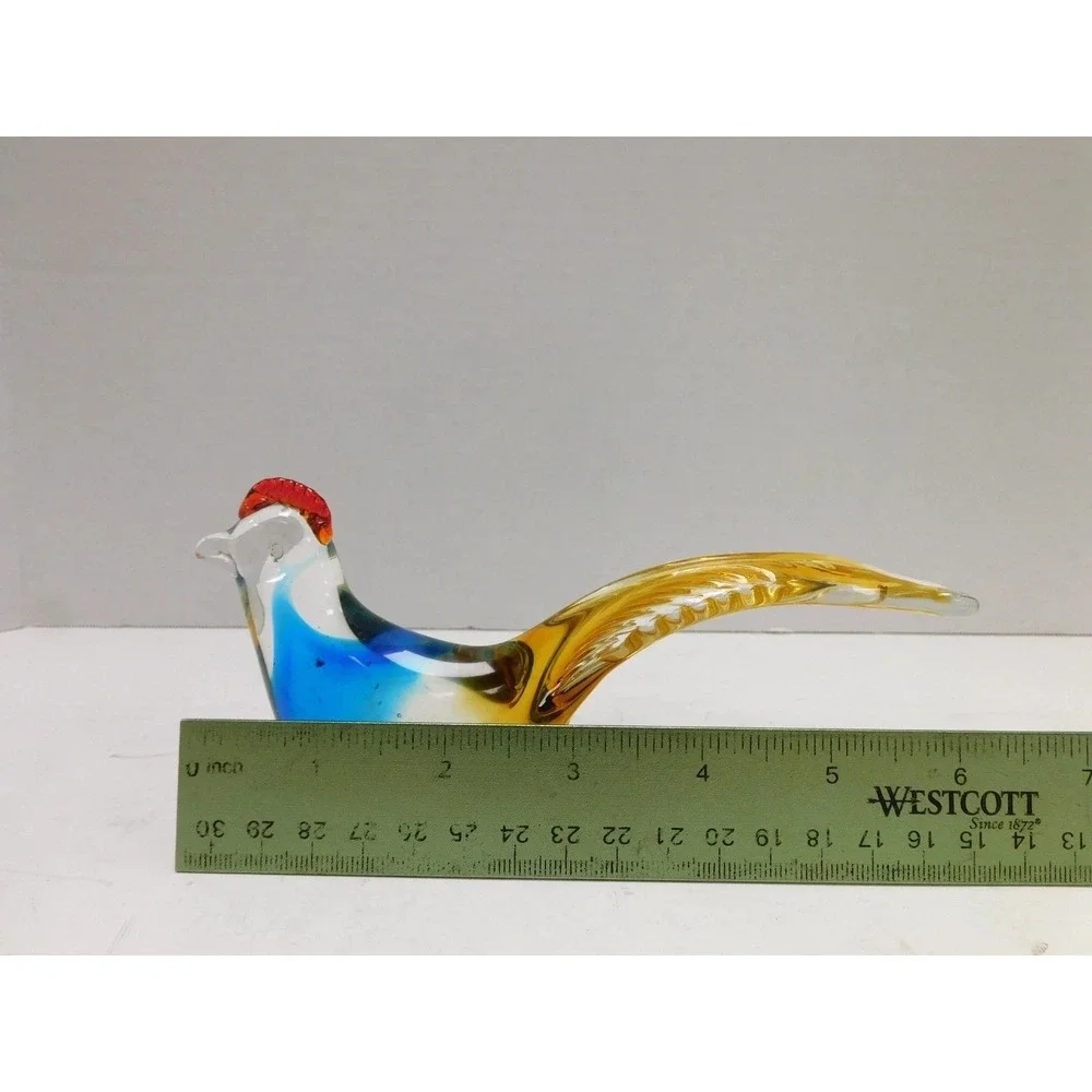 Vintage Art Glass Rooster Figurines Pair Blue Amber Green Hand Blown Birds DW740